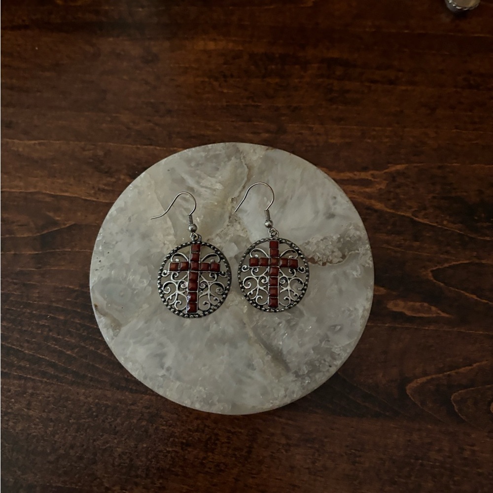 Silver and Red Cross Dangle Earrings